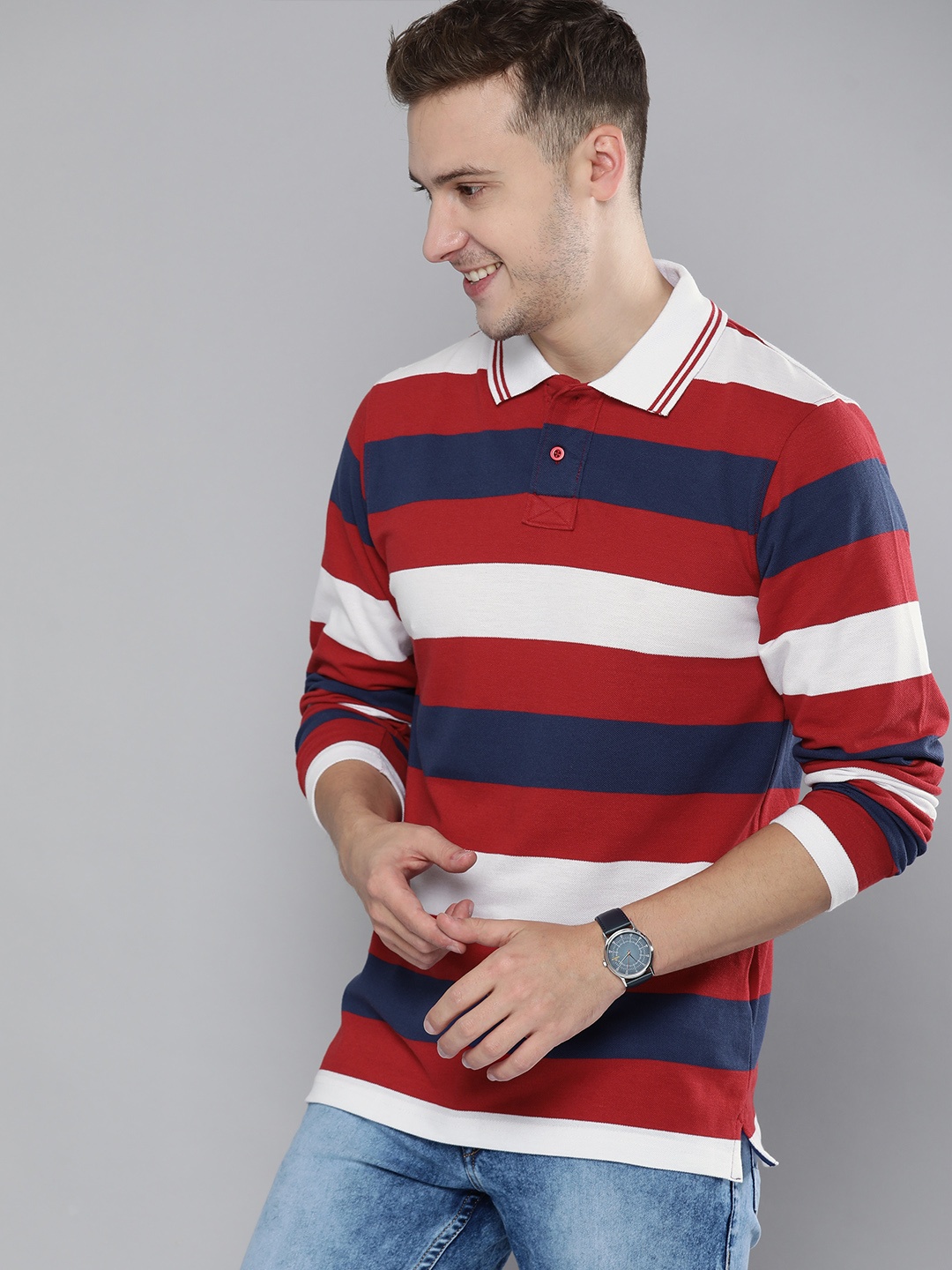 

HERE&NOW Men Red & Navy Blue Striped Polo Collar T-shirt