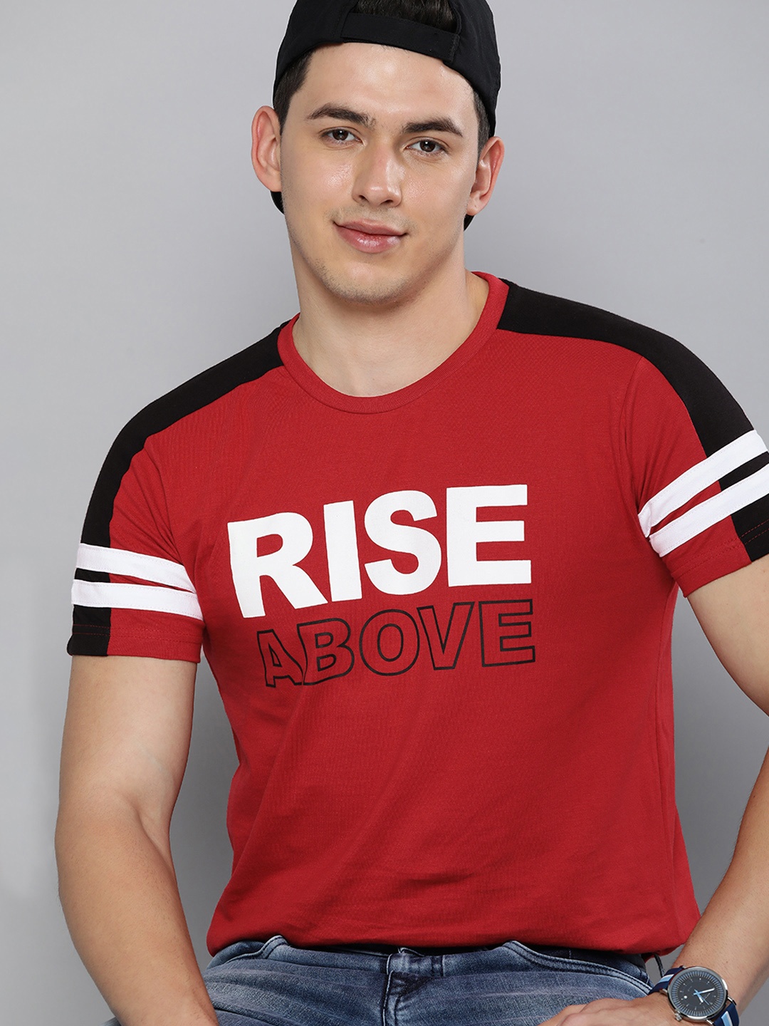 

HERE&NOW Men Red & Black Colourblocked Typography Printed Casual T-shirt