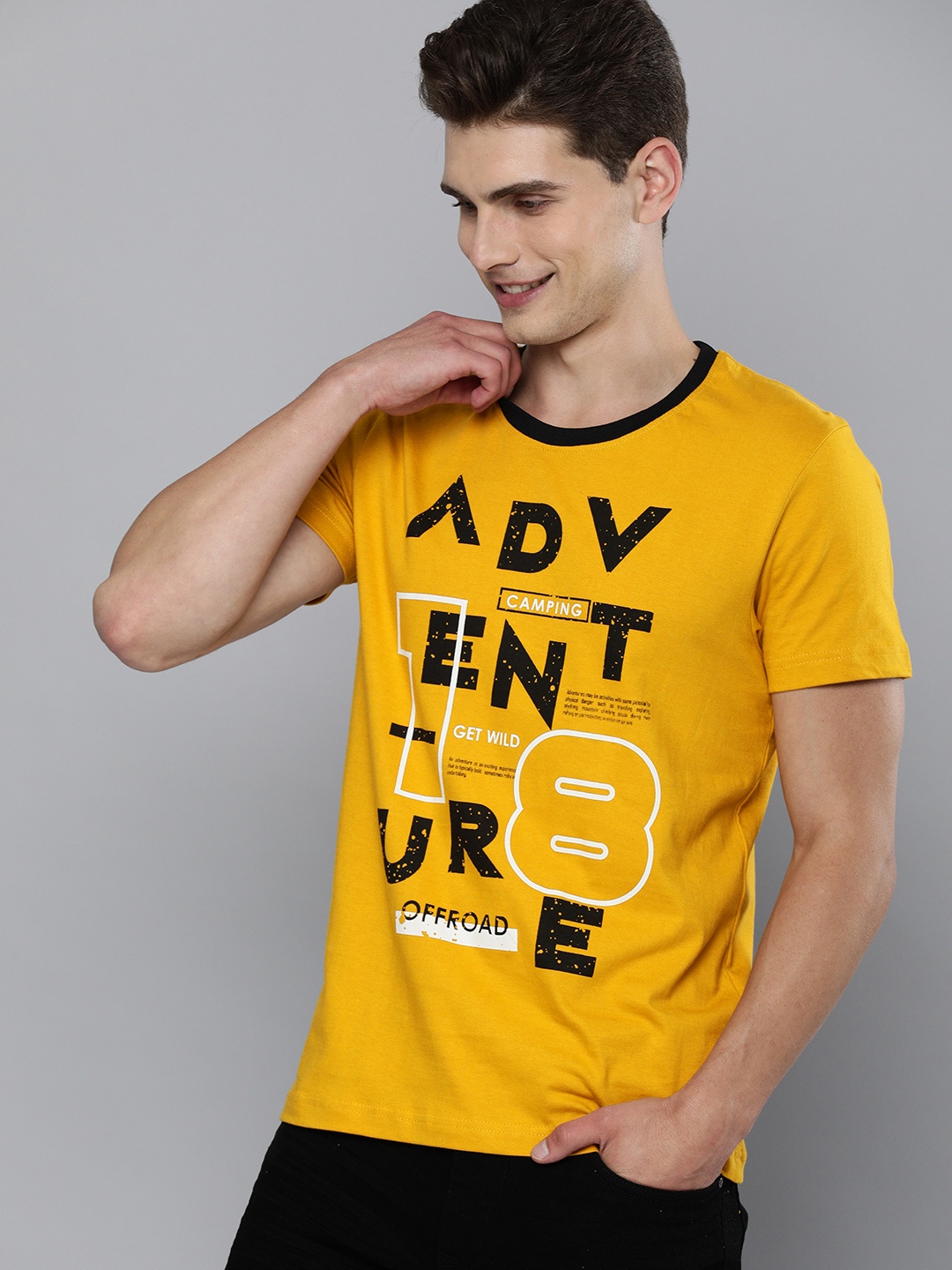 

HERE&NOW Men Mustard Yellow & Black Typography Printed T-shirt