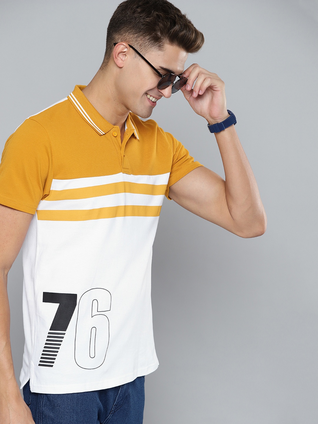 

HERE&NOW Men Mustard Yellow & White Striped Polo Collar Pure Cotton T-shirt