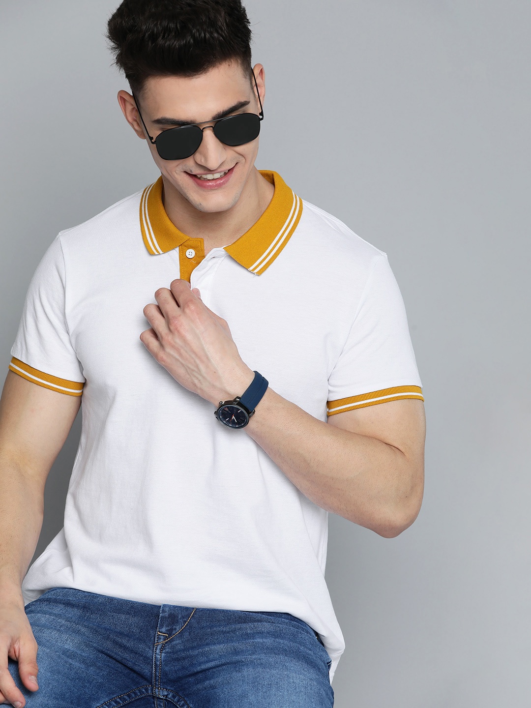 

HERE&NOW Men White Pure Cotton Polo Collar T-shirt