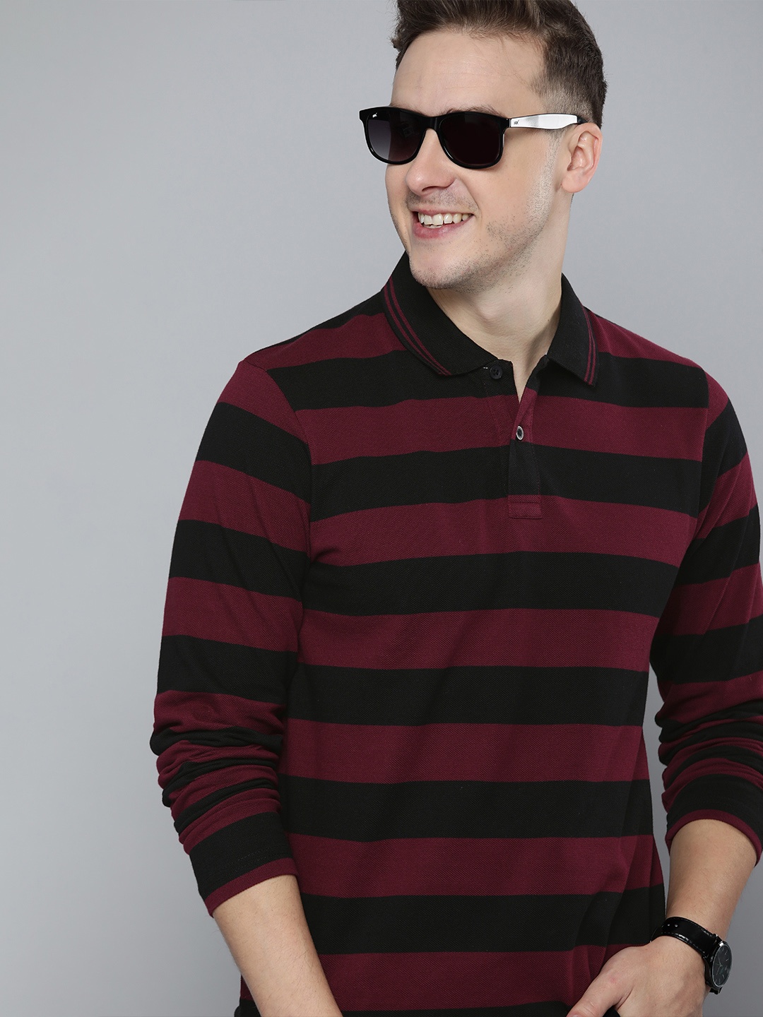 

HERE&NOW Men Black & Burgundy Striped Polo Collar T-shirt