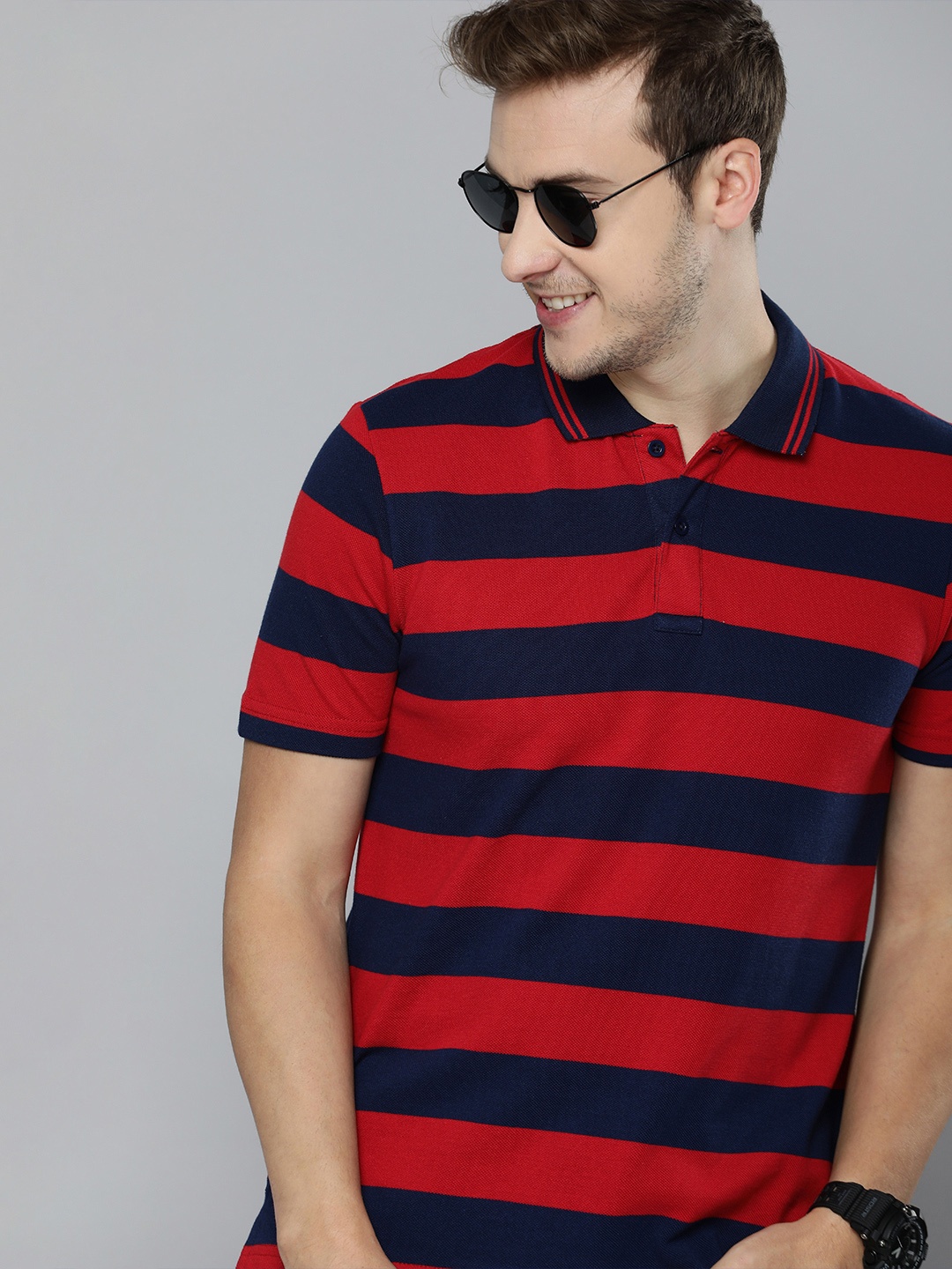 

HERE&NOW Men Red & Navy Blue Striped Polo Collar T-shirt