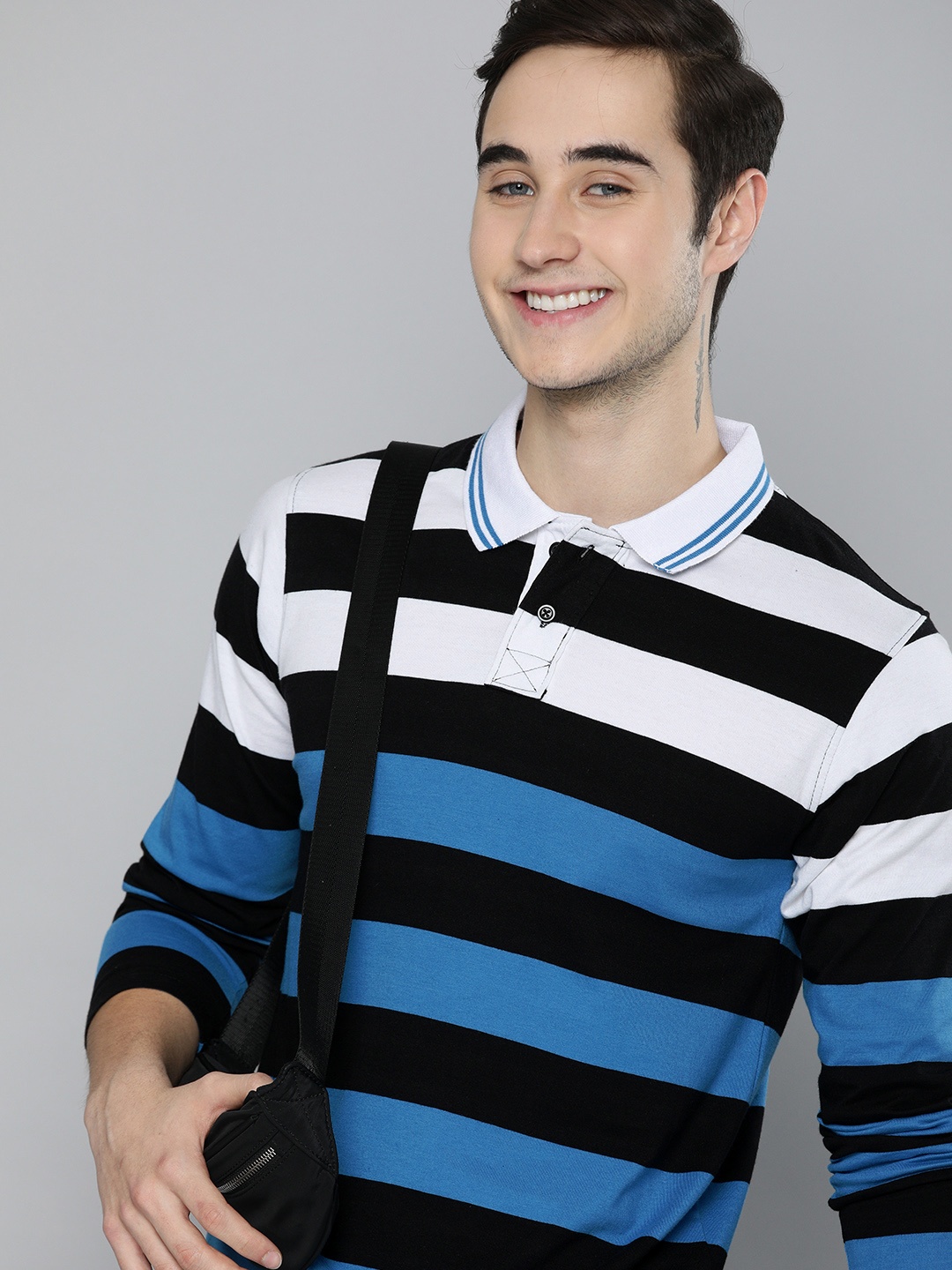 

HERE&NOW Men Black & Blue Striped Polo Collar T-shirt