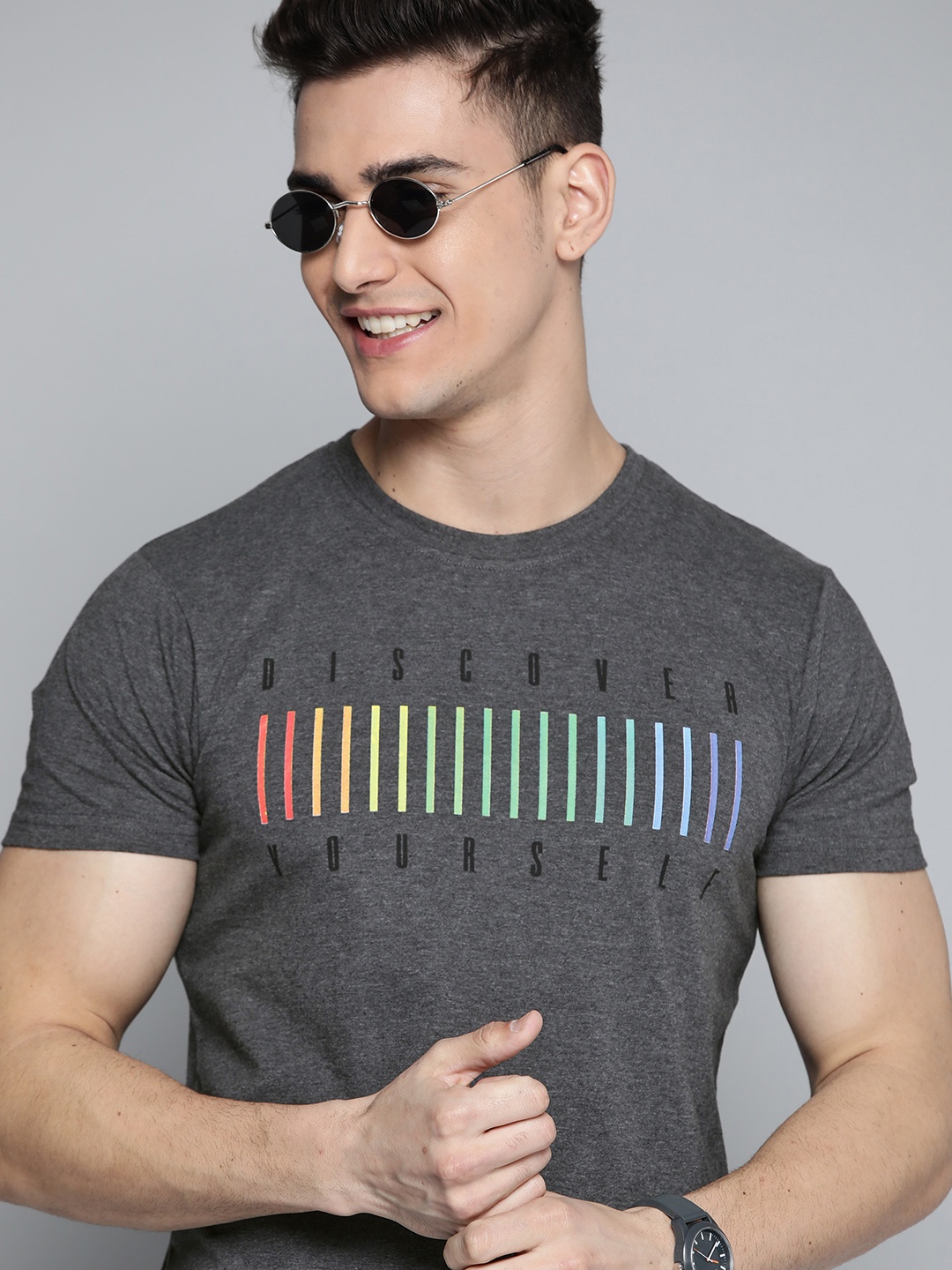

HERE&NOW Men Charcoal Grey Printed T-shirt