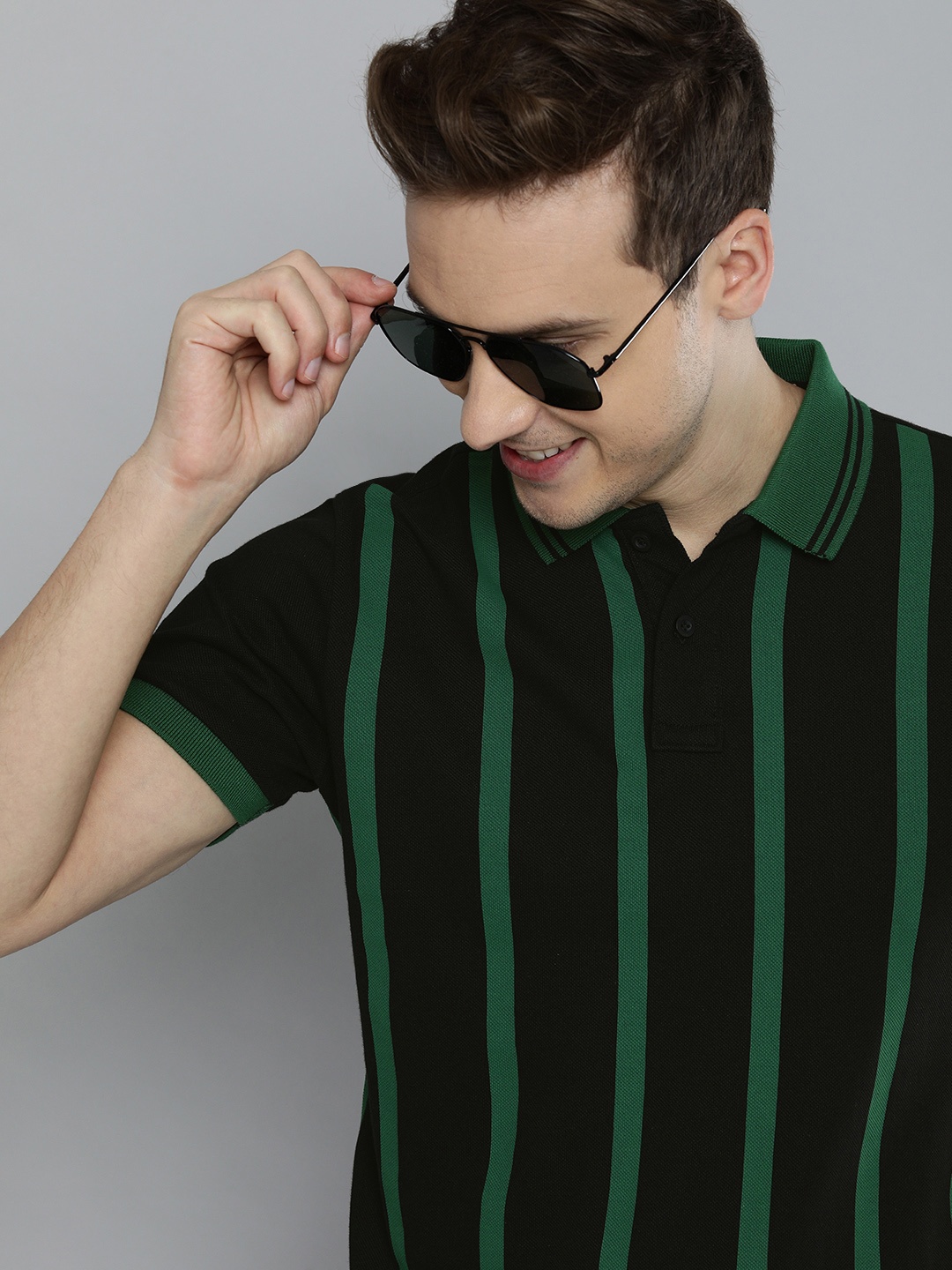 

HERE&NOW Men Black & Green Striped Polo Collar Pure Cotton T-shirt