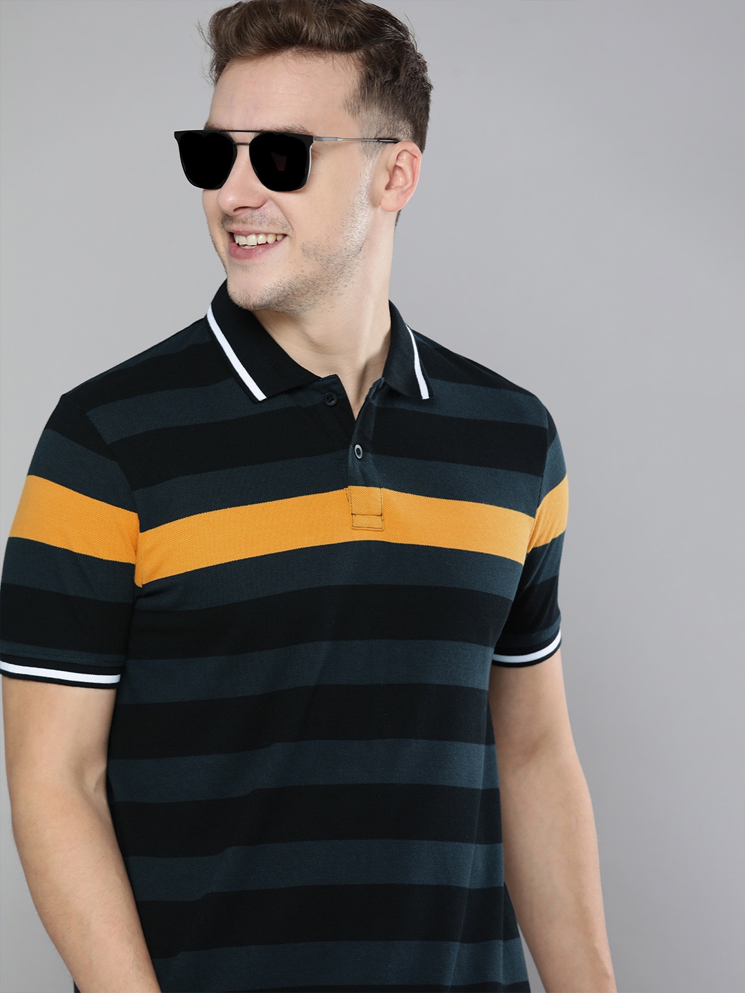 

HERE&NOW Men Navy Blue Striped Polo Collar Casual T-shirt