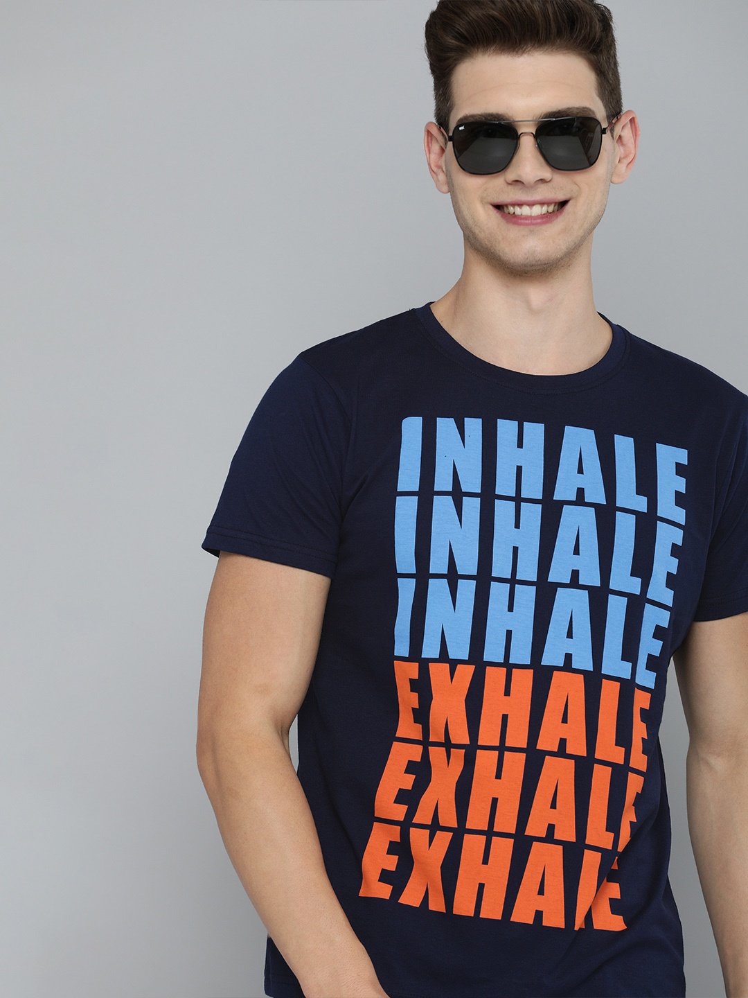 

HERE&NOW Men Navy Blue Typography Printed Pure Cotton T-shirt