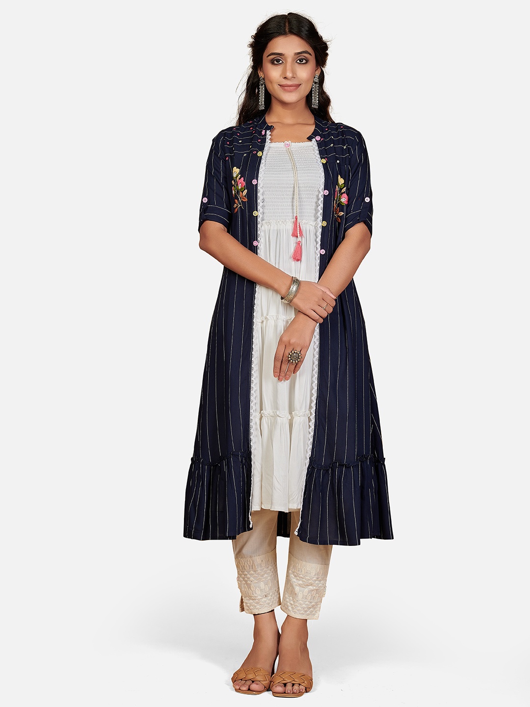 

Vbuyz Women White & Blue Thread Work Tiered Kurta with Jacket