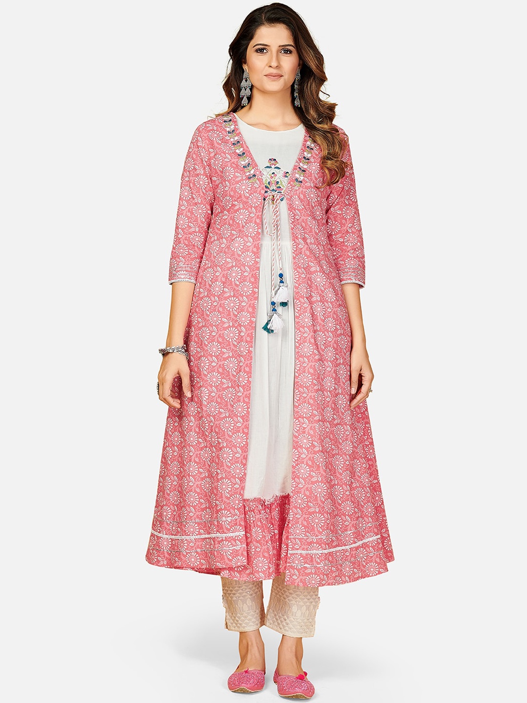 

Vbuyz Women Pink & White Ethnic Motifs Printed Thread Work Anarkali Kurta With Shrug
