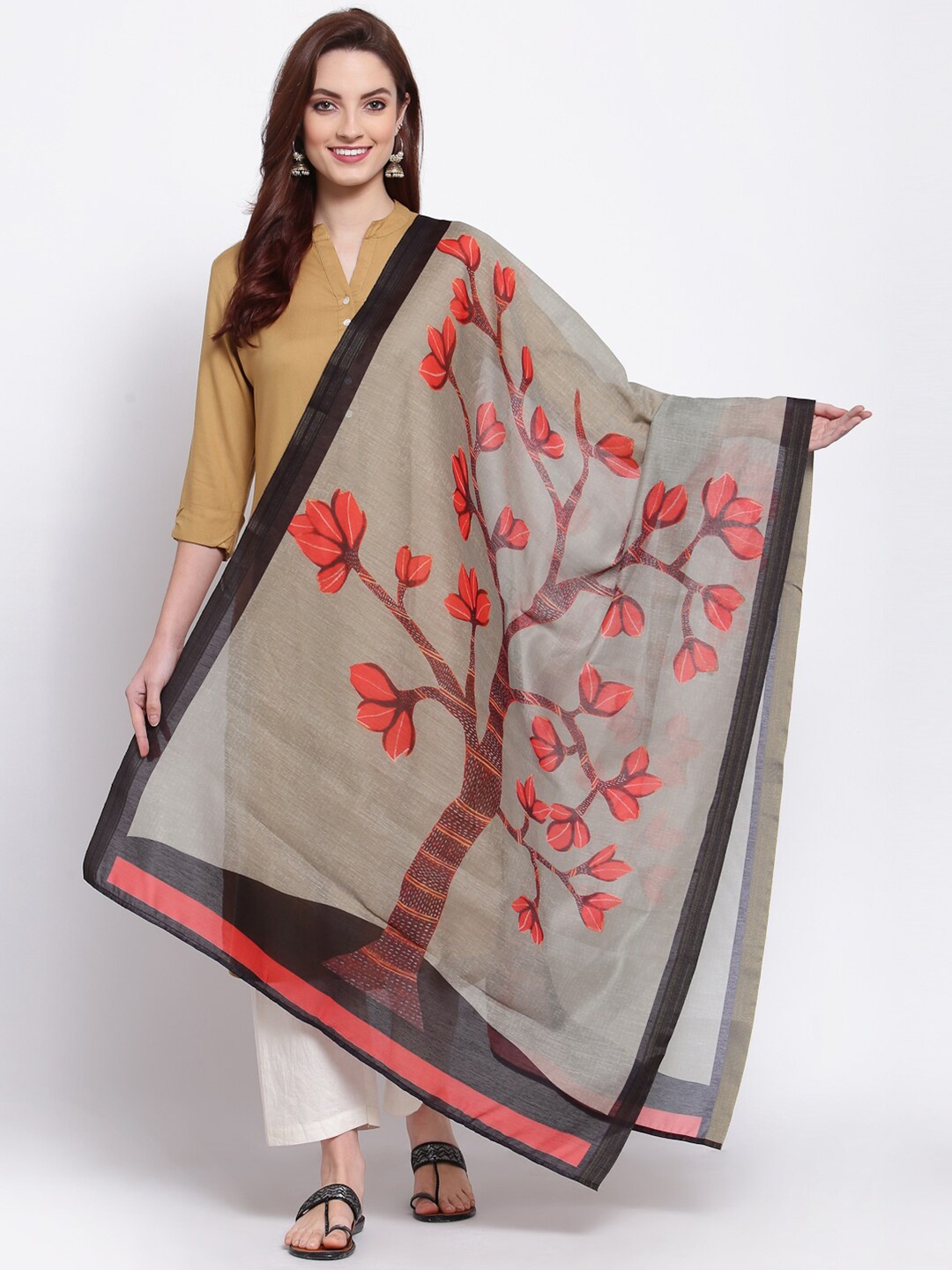 

Myshka Grey & Red Printed Cotton Silk Dupatta