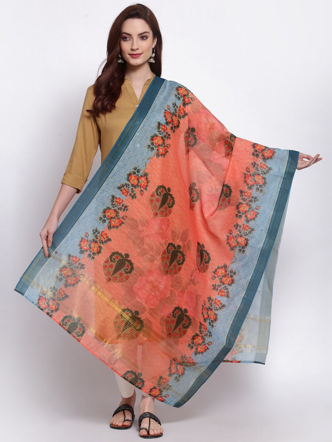 

Myshka Grey & Orange Printed Cotton Silk Dupatta