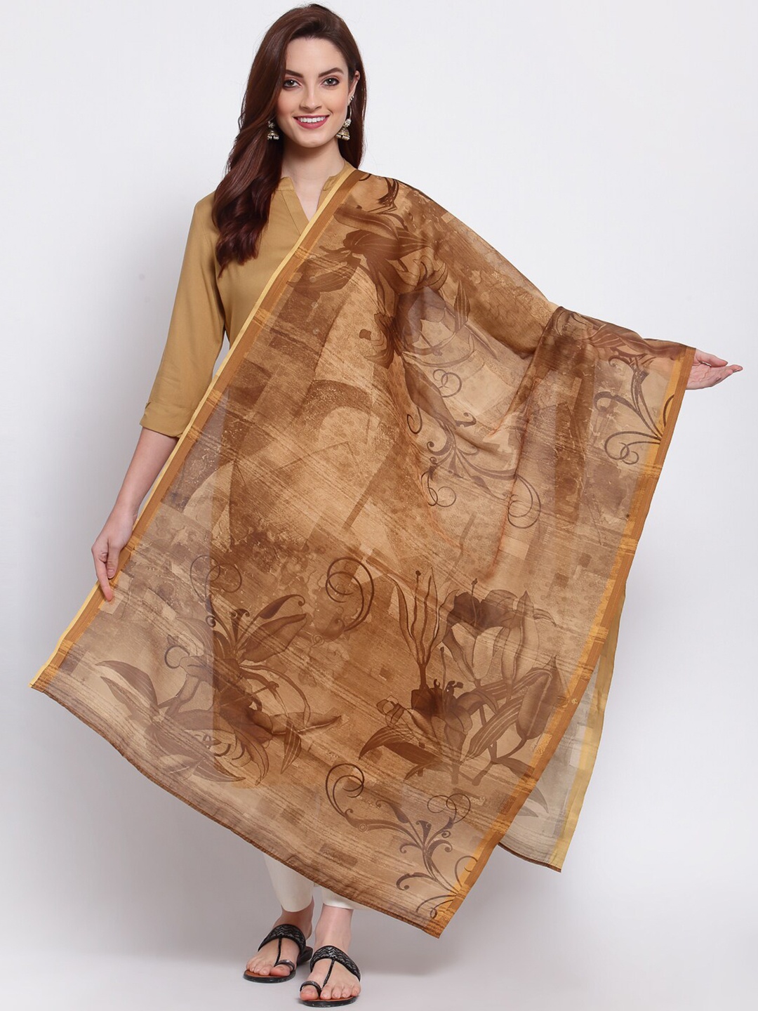 

Myshka Beige & Brown Printed Cotton Silk Dupatta