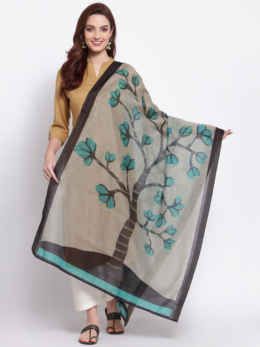 

Myshka Grey & Sea Green Printed Cotton Silk Dupatta