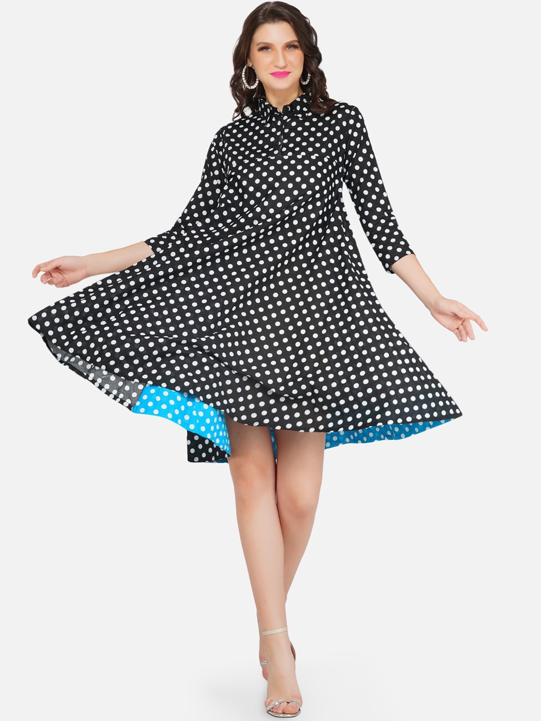 

FABNEST Black & White Polka Dots Printed Cotton Dress