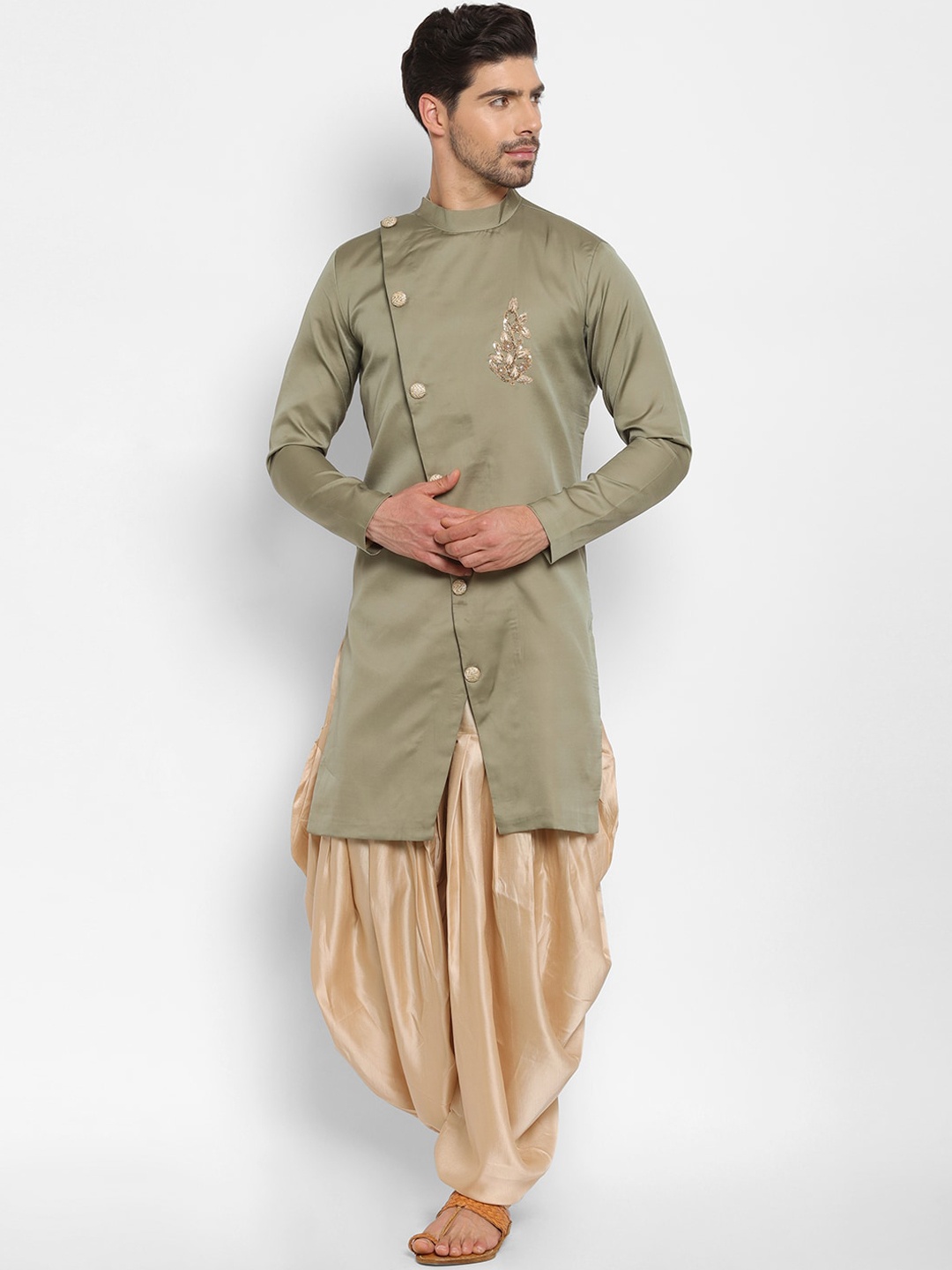 

Ethnovog Men Olive Green Beige Angrakha Kurta with Dhoti Pants