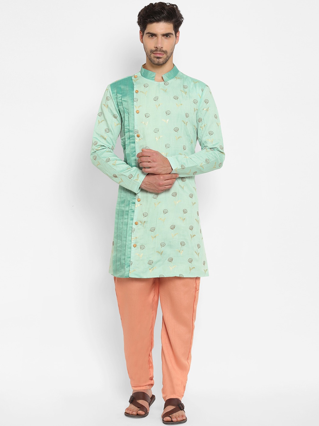 

Ethnovog Men Blue Printed Angrakha Kurta with Pyjamas