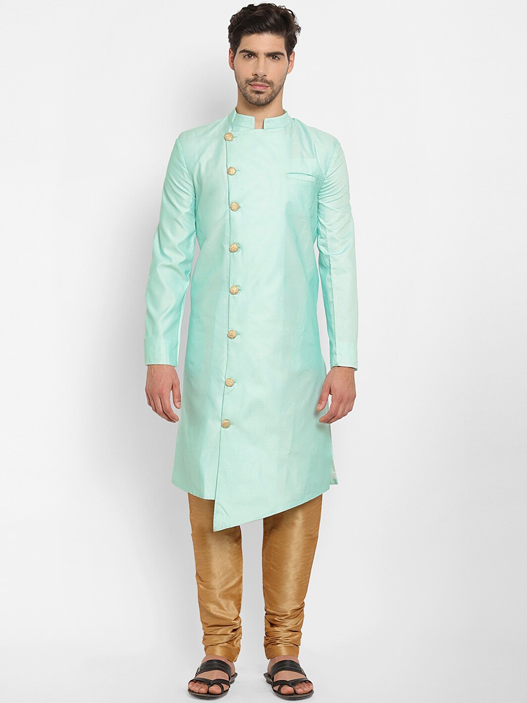 

Ethnovog Men Blue Gold Solid Made To Measure Kurta With Churidar