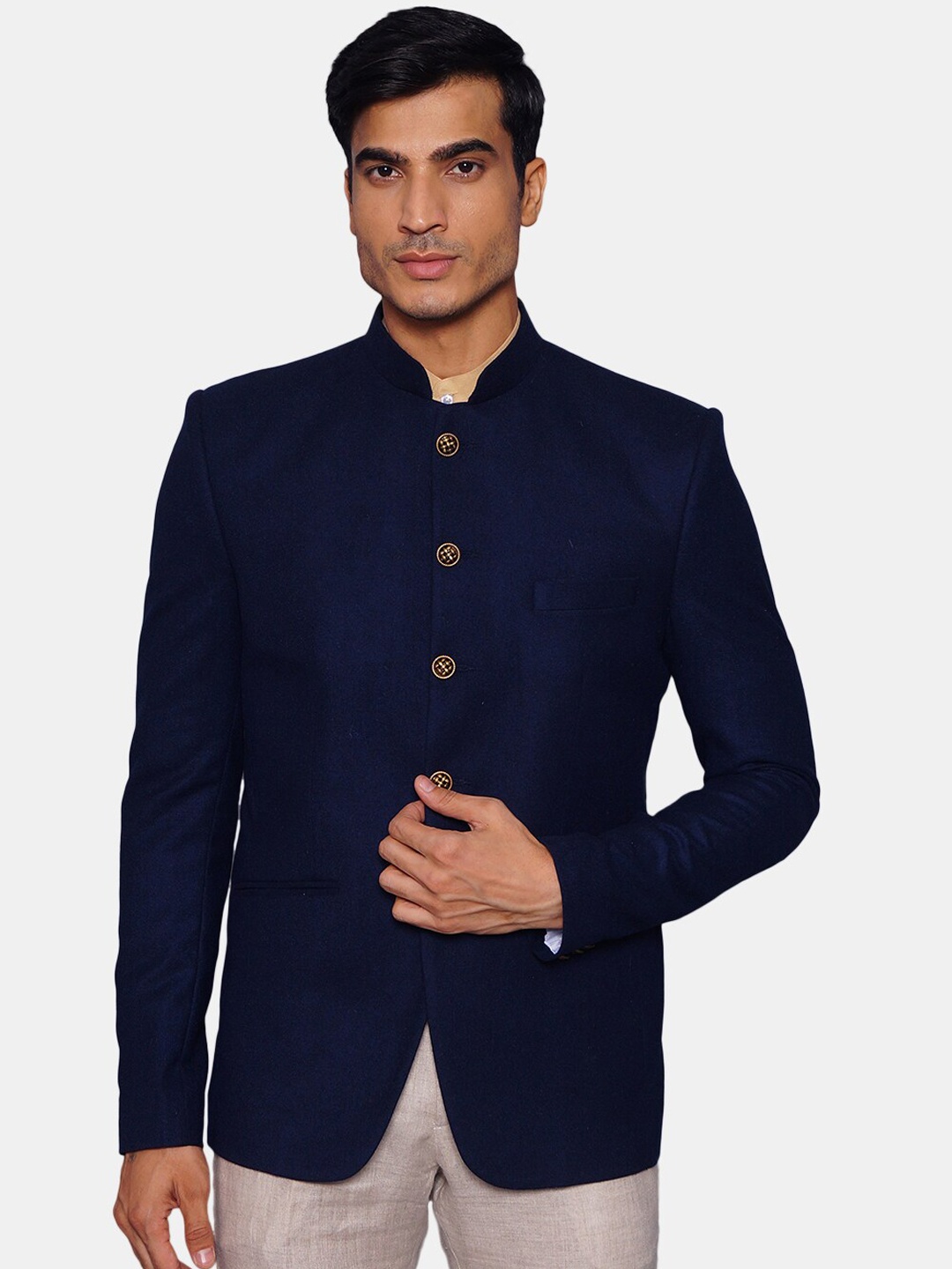 

Wintage Men Navy-Blue Solid Pure Woolen Bandhgala Blazer