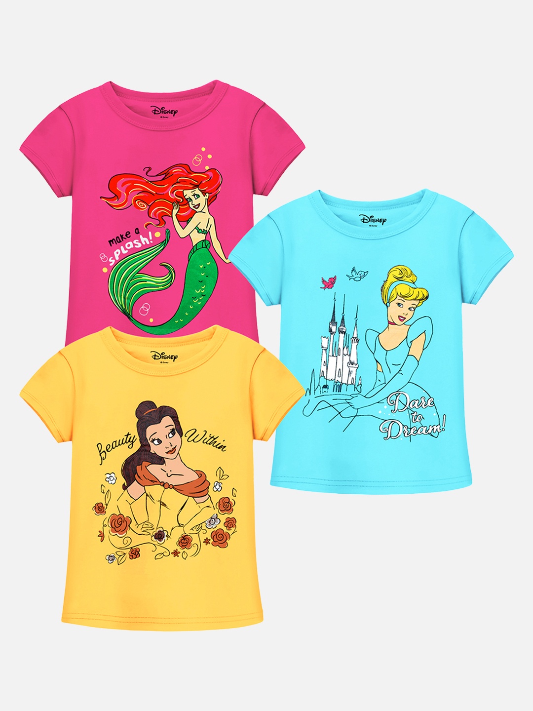 

YK Disney Girls Blue & Pink 3 Disney Princess Printed Cotton T-shirts