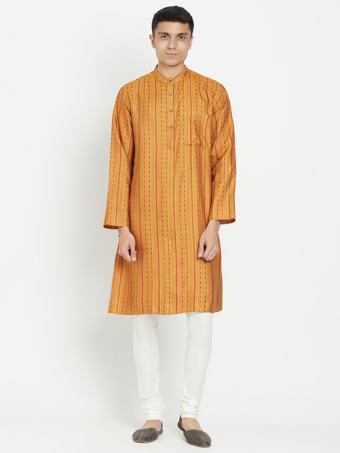 

Fabindia Men Mustard Yellow & Maroon Striped Straight Kurta