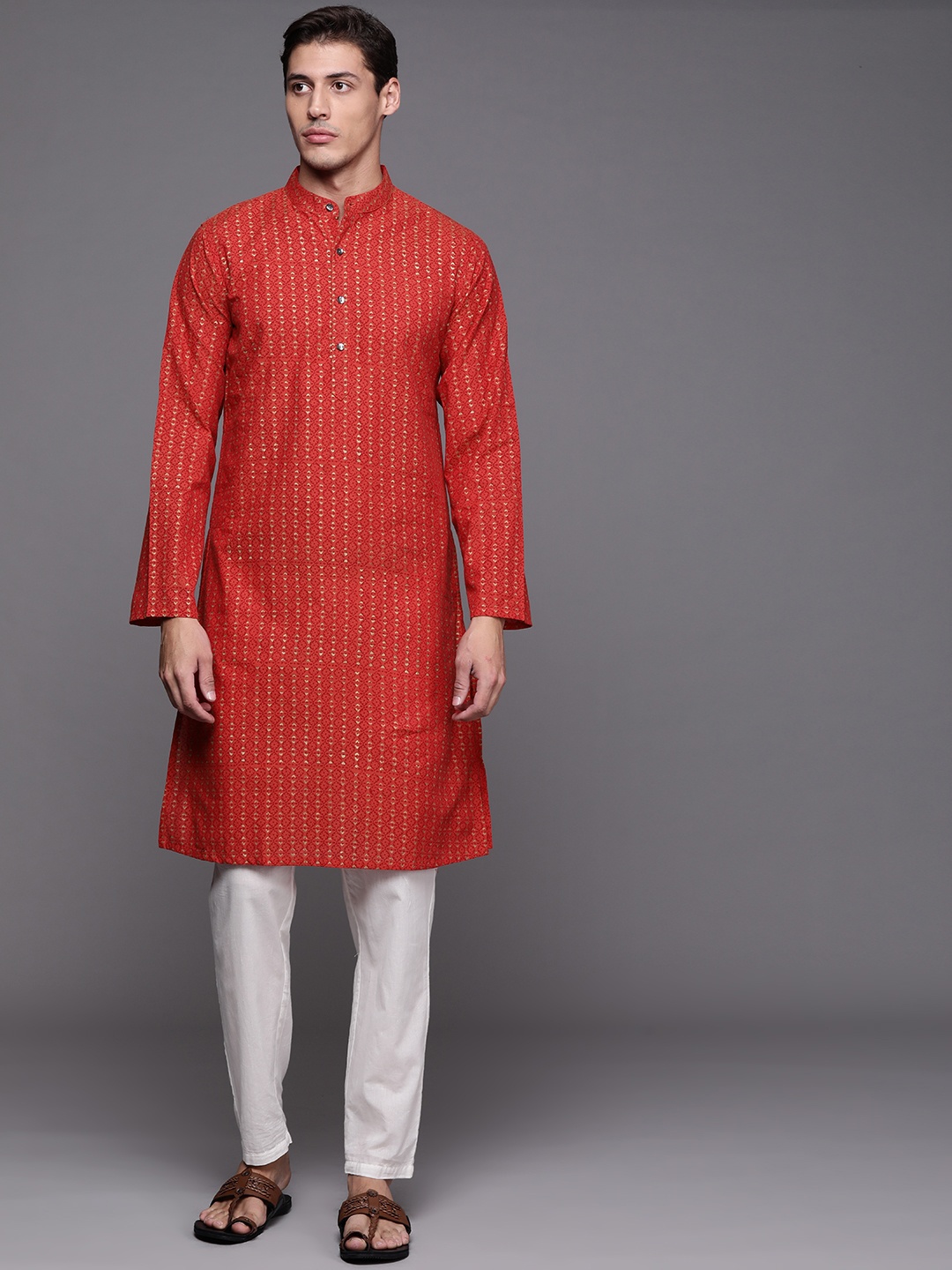 

Fabindia Men Rust Red & Golden Pure Cotton Ethnic Motifs Printed Kurta