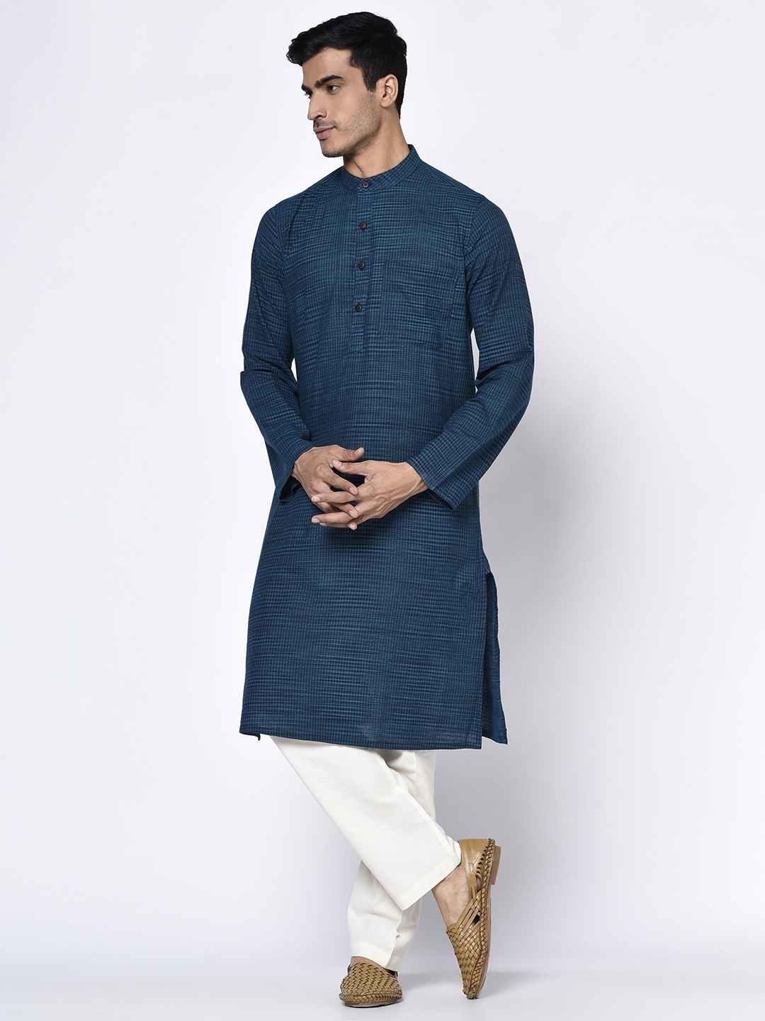

Fabindia Men Navy Blue Cotton Striped Straight Kurta