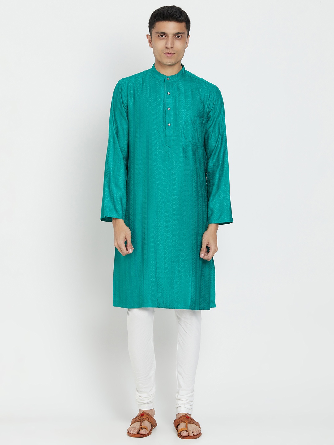 

Fabindia Men Turquoise Blue Woven Design Straight Kurta