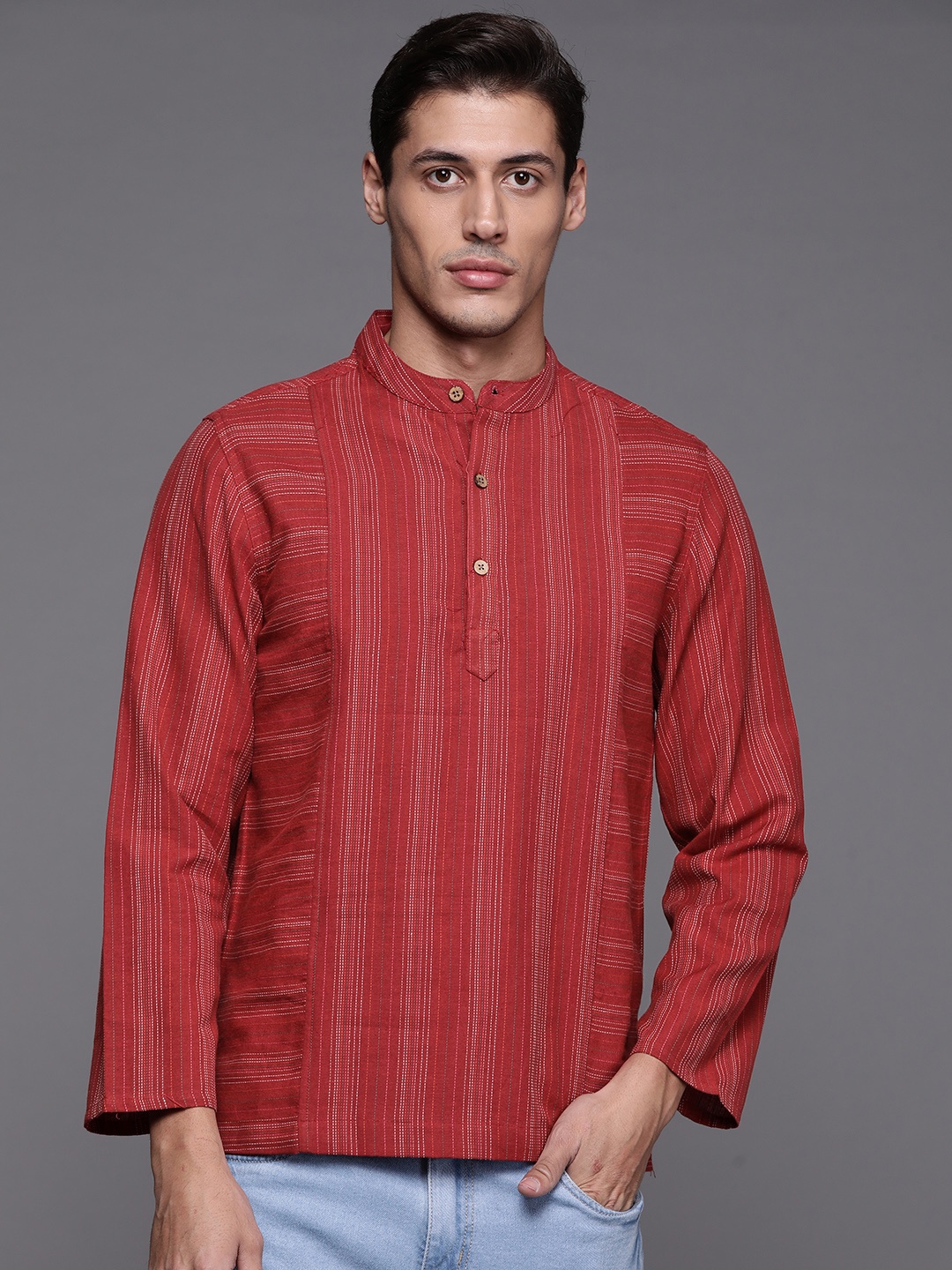 

Fabindia Men Rust Red & White Pure Cotton Striped Kurta