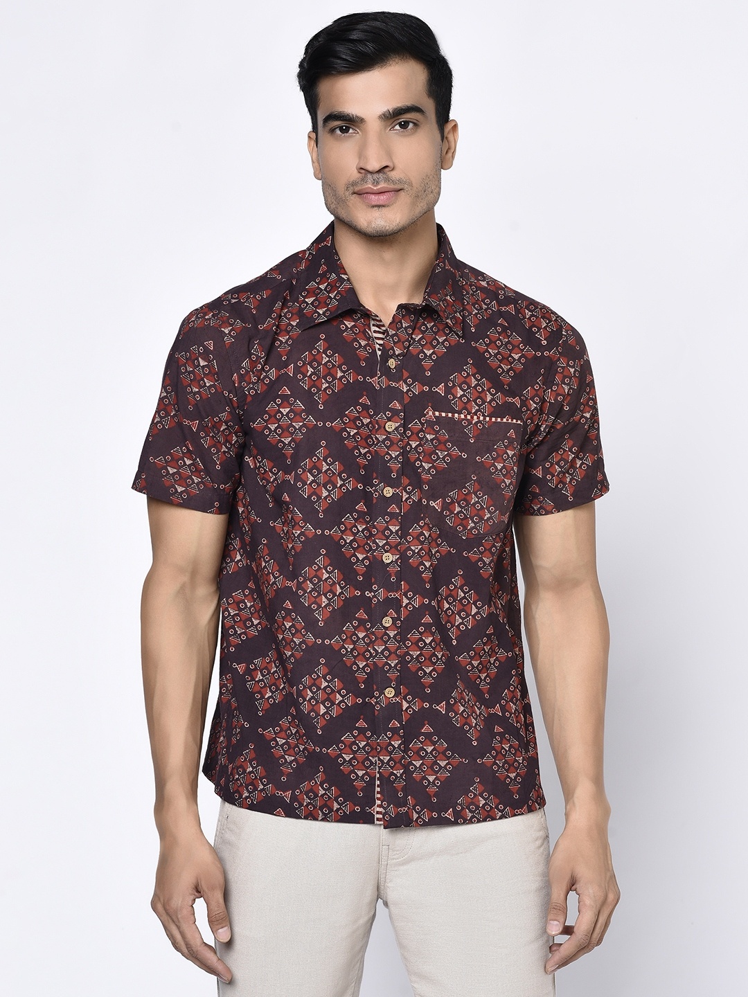 

Fabindia Men Brown & Red Cotton Hand Block Print Shirt