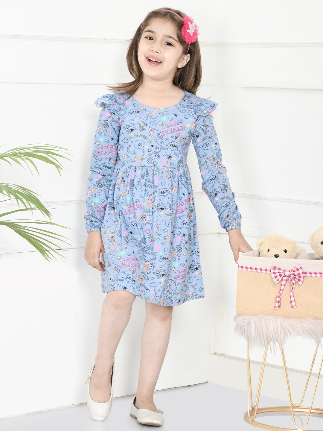 

LilPicks Girls Blue & Pink Unicorn Printed Cotton A-Line Dress