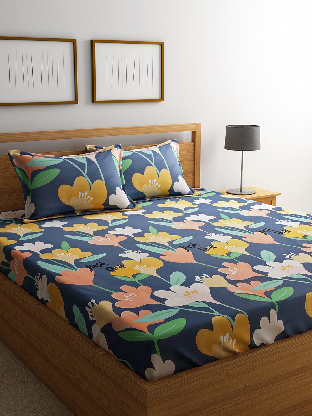 

URBAN DREAM Blue & Yellow Printed 210 TC Cotton King Bedsheet with 2 Pillow Covers