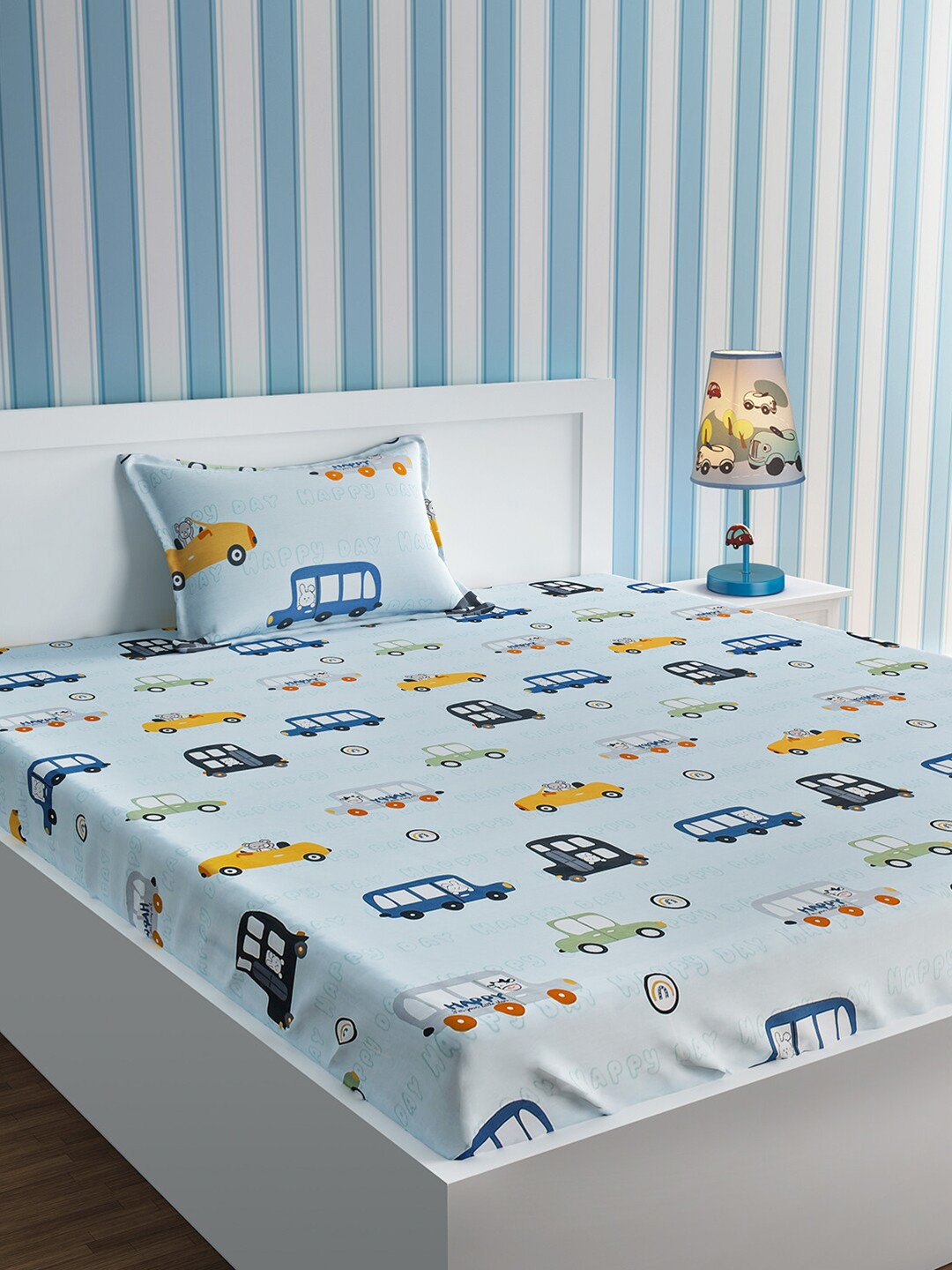

URBAN DREAM Blue & Yellow Printed 210 TC Cotton Single Bedsheet with 1 Pillow Covers