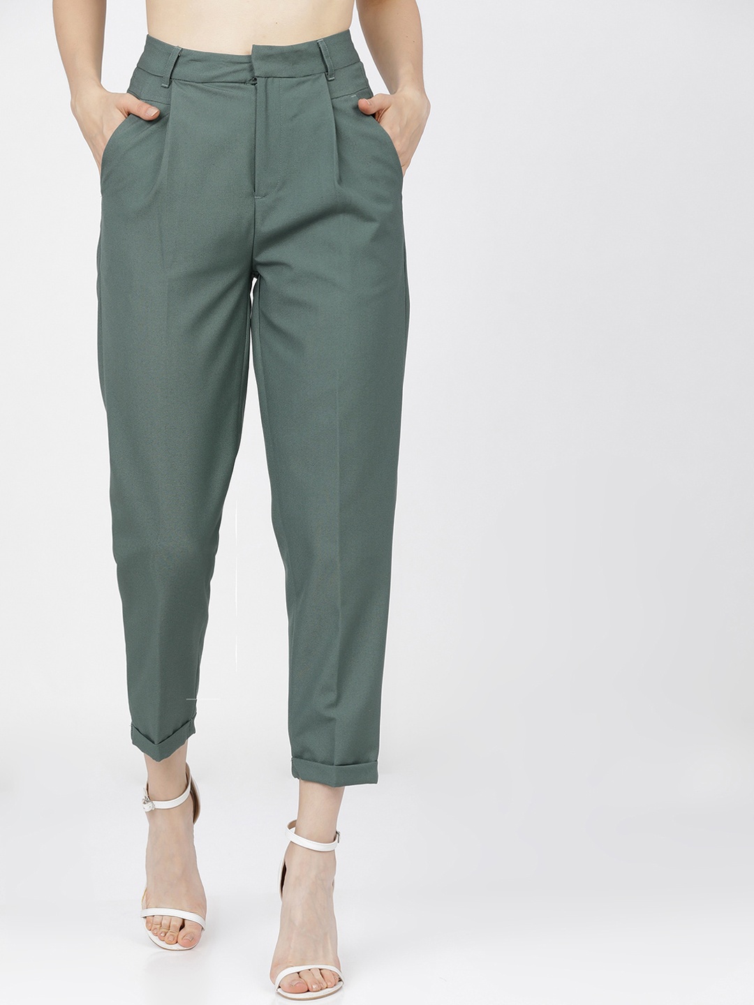 

Tokyo Talkies Women Green Tapered Fit Easy Wash Pleated Peg Trousers