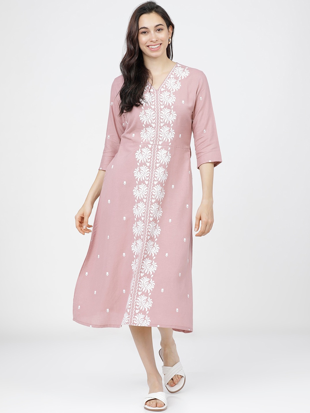 

Vishudh Pink & White Ethnic Motifs Printed A-Line Midi Dress