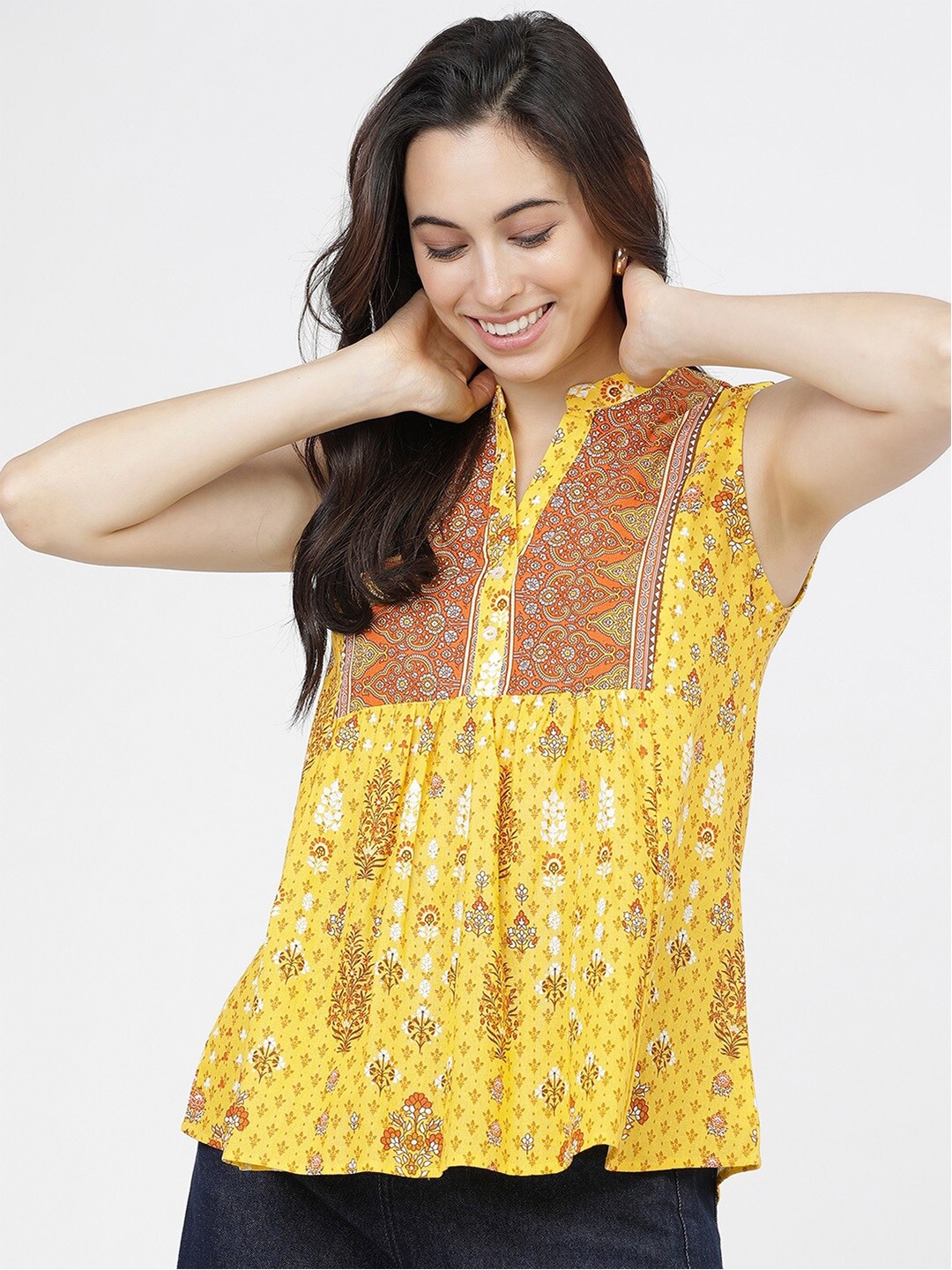 

Vishudh Yellow Floral Mandarin Collar Cotton A-Line Top