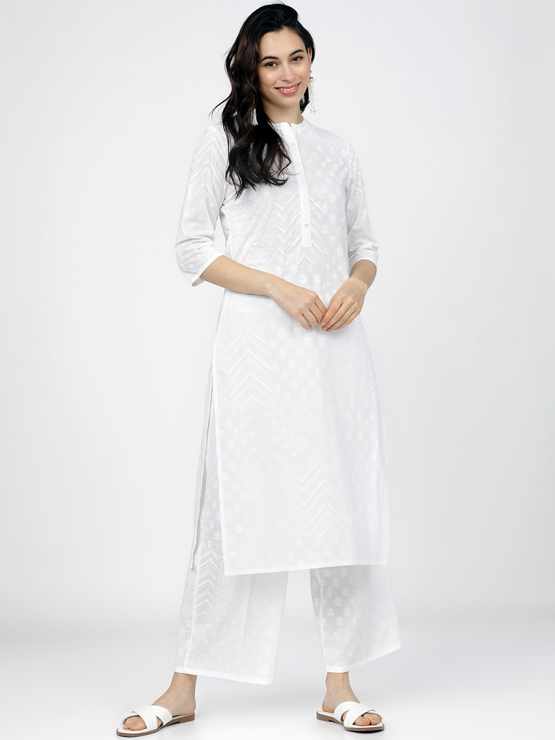 

Vishudh Women White Ethnic Motifs Printed Regular Pure Cotton Kurta With Palazzos
