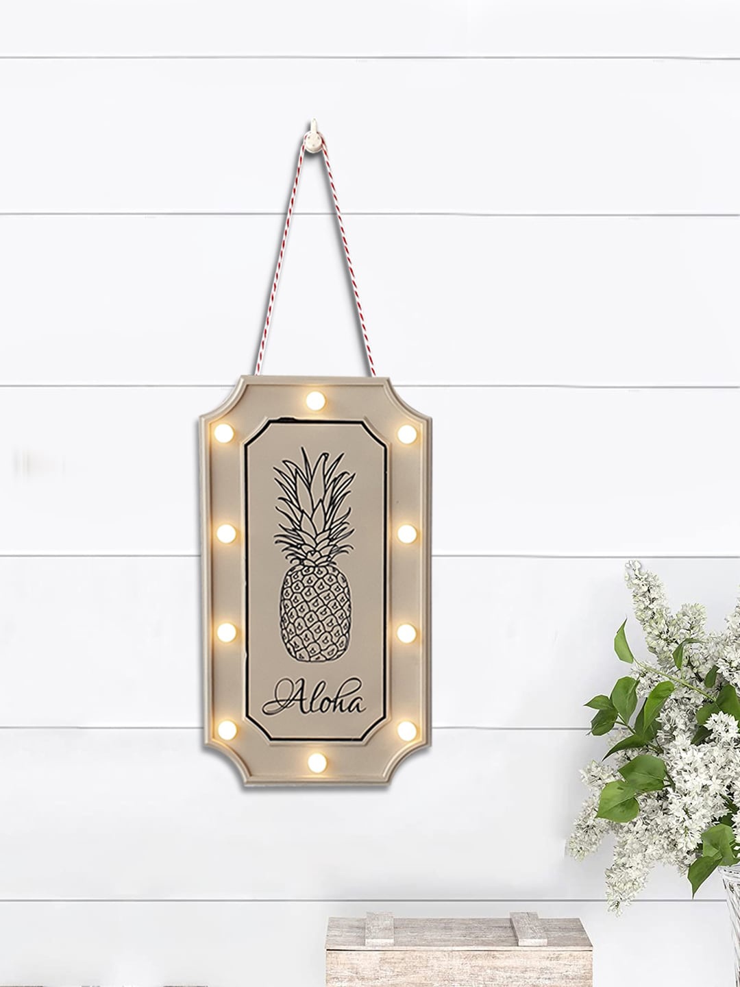 Art Street Cream-Coloured & Black Aloha Printed Led Wall Decor with Hanging Rope