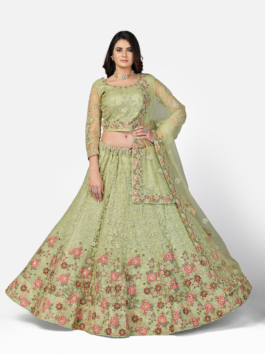 

SHOPGARB Sea Green & Pink Embroidered Sequinned Semi-Stitched Lehenga & Unstitched Blouse With Dupatta