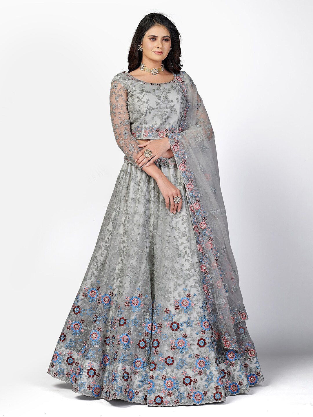 

SHOPGARB Grey & Blue Embellished Thread Work Semi-Stitched Lehenga & Unstitched Blouse With Dupatta