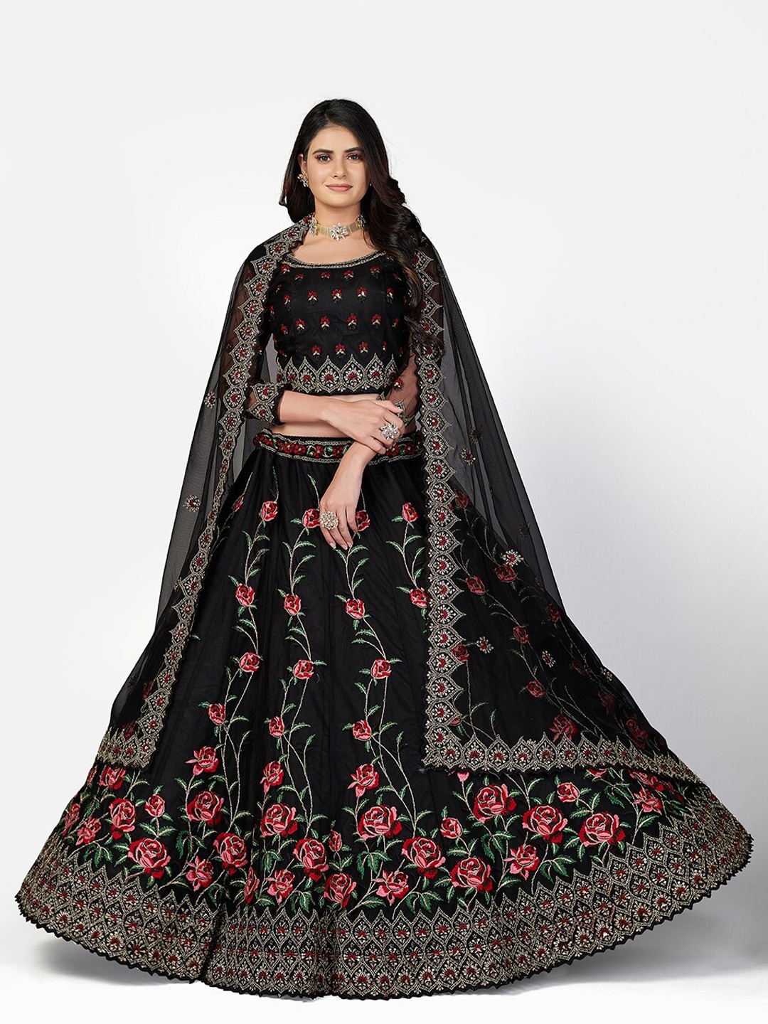 

SHOPGARB Black & Red Embroidered Thread Work Semi-Stitched Lehenga & Unstitched Blouse With Dupatta