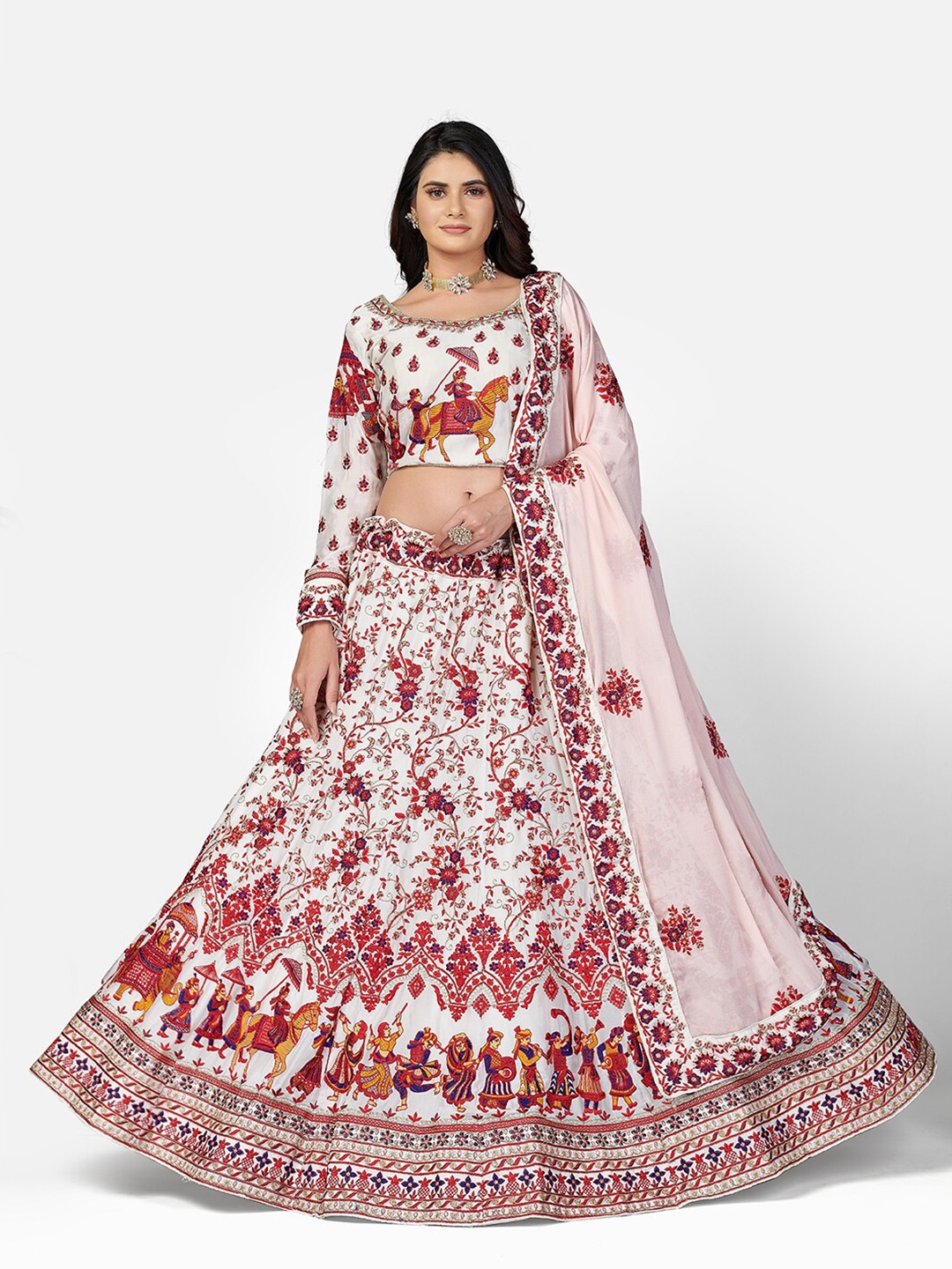 

SHOPGARB White & Red Thread Work Kalamkari Semi-Stitched Lehenga & Unstitched Blouse With Dupatta
