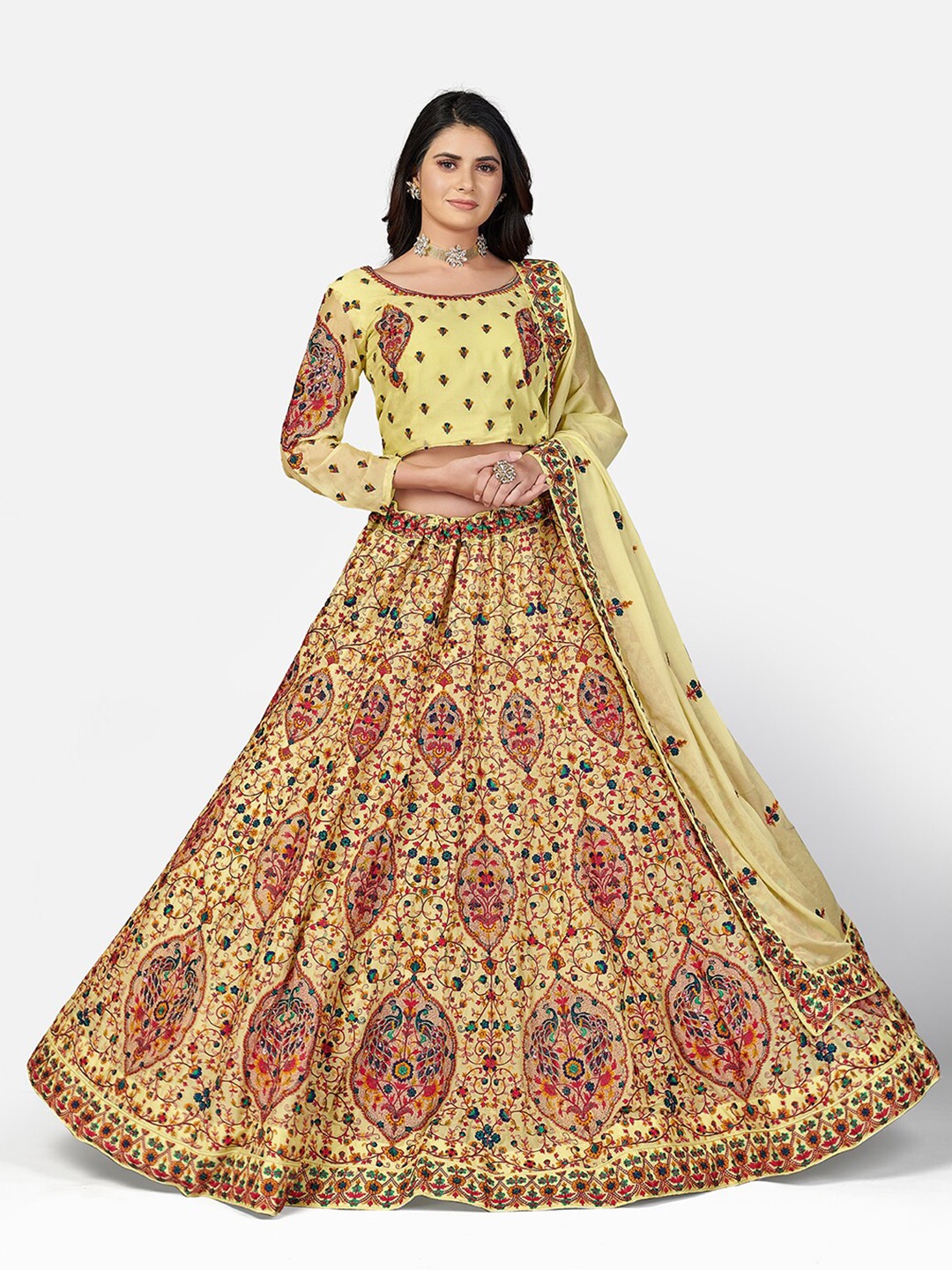 

SHOPGARB Yellow & Blue Embroidered Thread Work Kalamkari Semi-Stitched Lehenga & Unstitched Blouse With