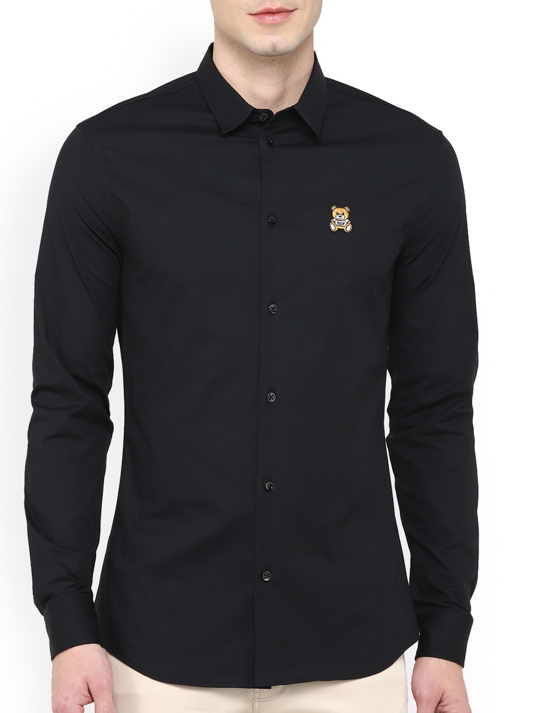 

MOSCHINO COUTURE Men Black Opaque Cotton Embroidered Teddy Casual Shirt