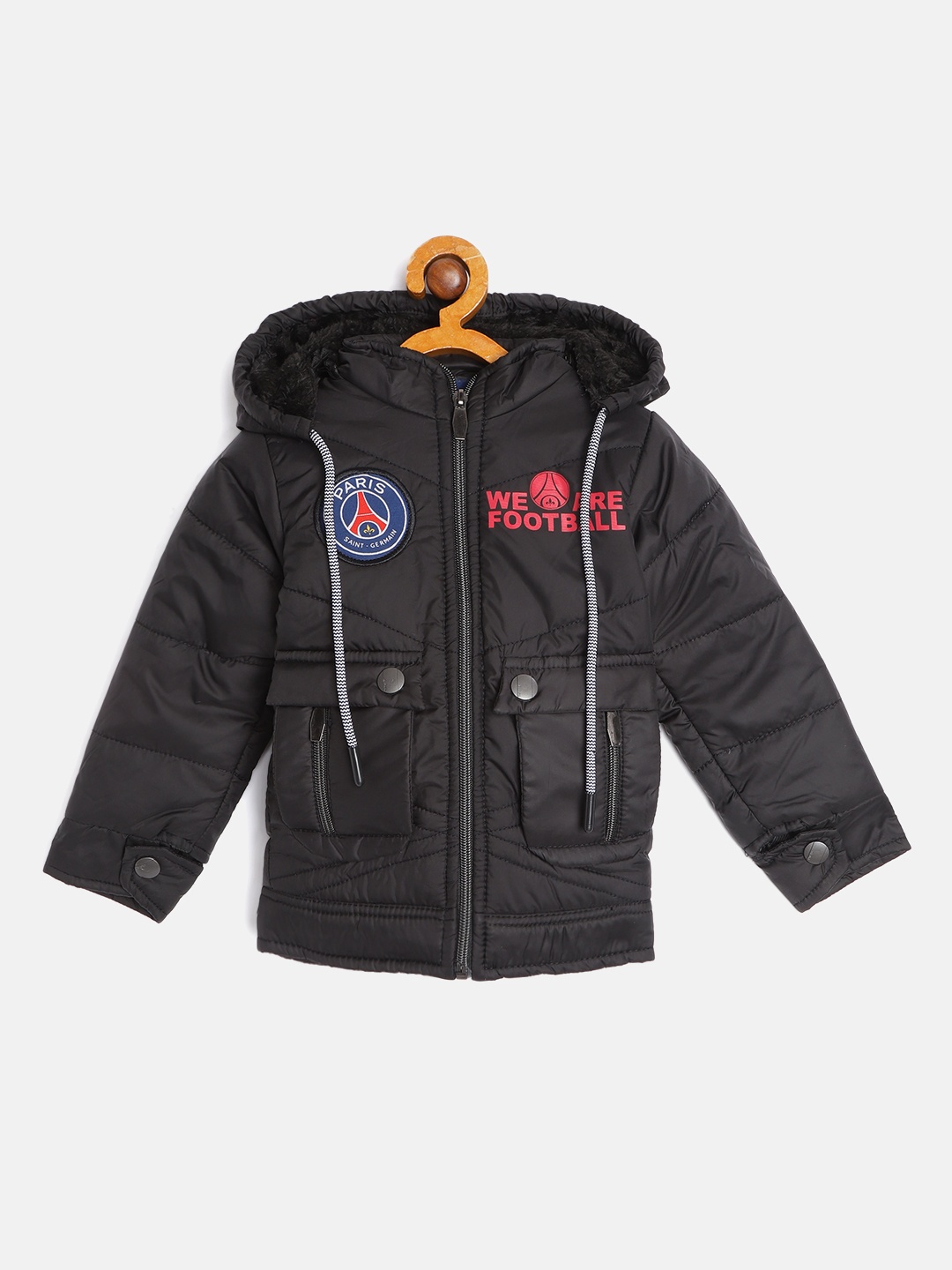 

GAME BEGINS Boys Black Solid Padded Jacket with Detachable Hood