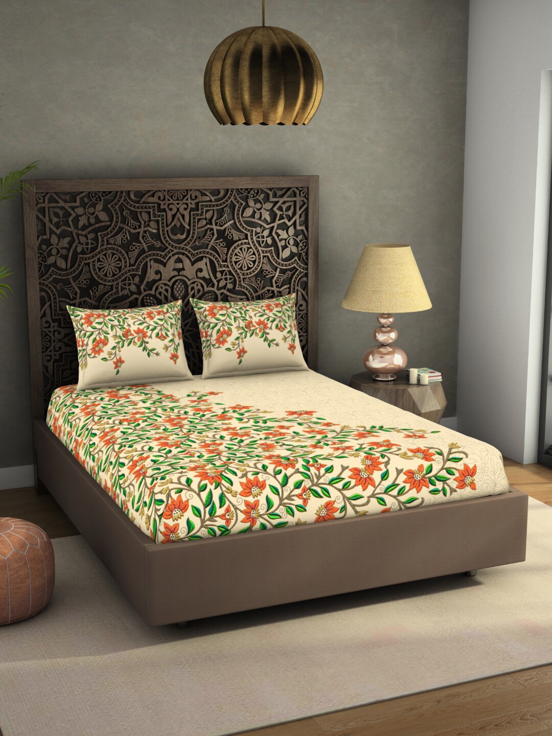 

SPACES Rangana Debjani Beige & Green Floral 300 TC Pure Cotton King Bedsheet with 2 Pillow Covers