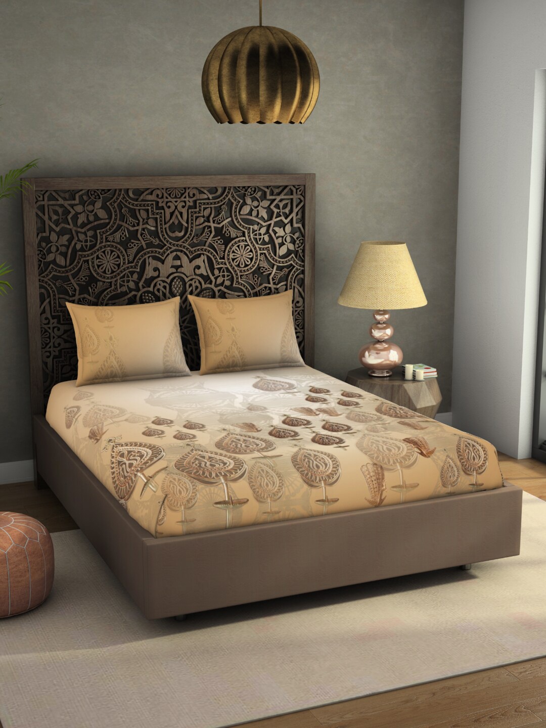 

SPACES Rangana Ektaal Peach-Coloured & Brown Floral 300 TC Pure Cotton King Bedsheet with 2 Pillow Covers