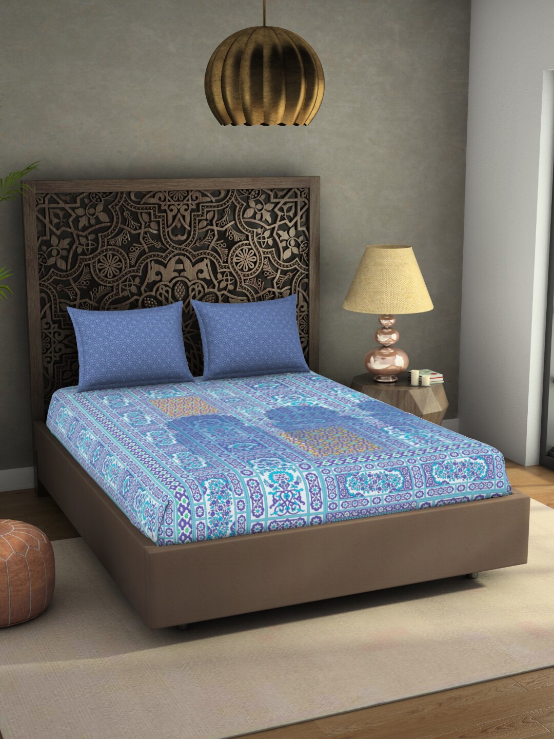 

SPACES Rangana Anish Blue & White Ethnic Motifs 300 TC Pure Cotton King Bedsheet with 2 Pillow Covers