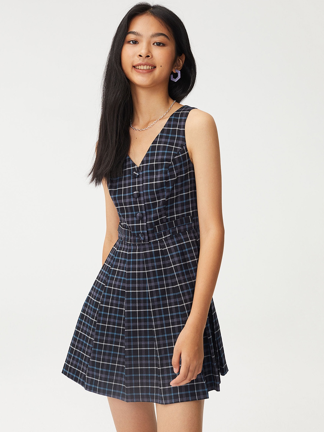 

H&M Women Black & Blue Checked V-Neck Sleeveless Pinafore Dress
