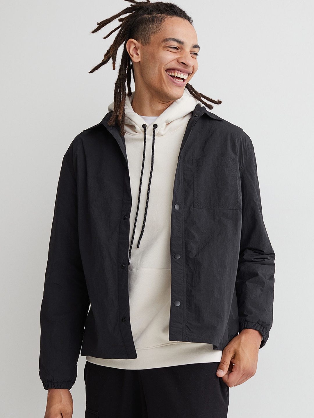 

H&M Men Black Solid Fleece-lined Shirt Jacket